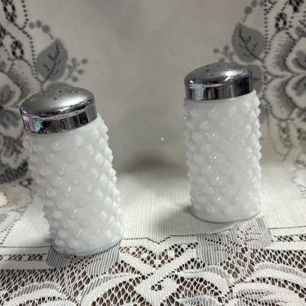 White Hobnail Salt and Pepper Shakers Fenton